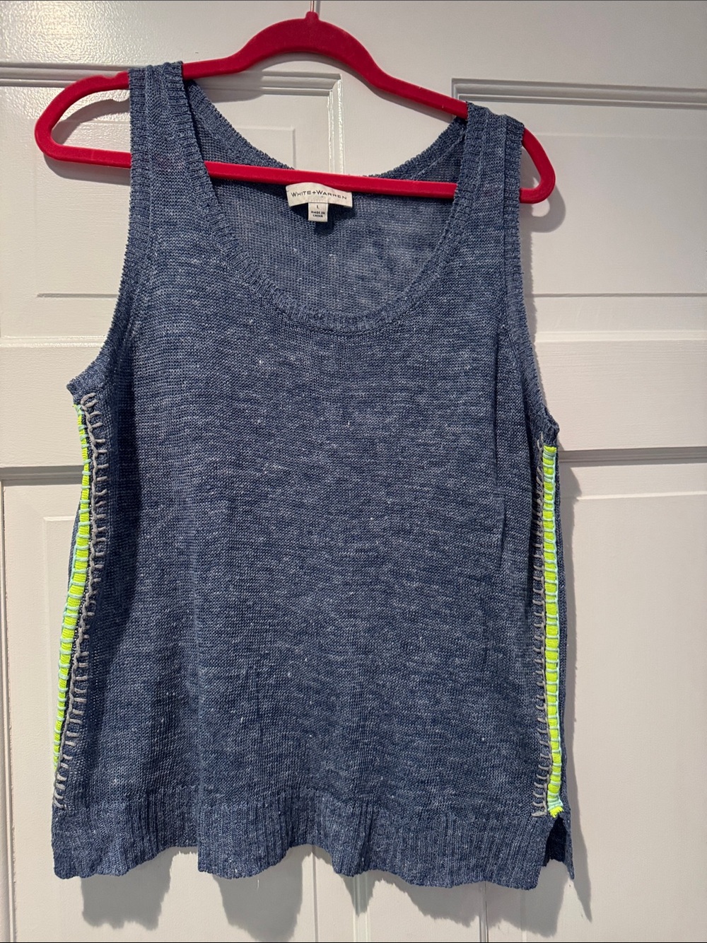 White + Warren Denim Blue Knit Tank with Neon Lime Side Trim